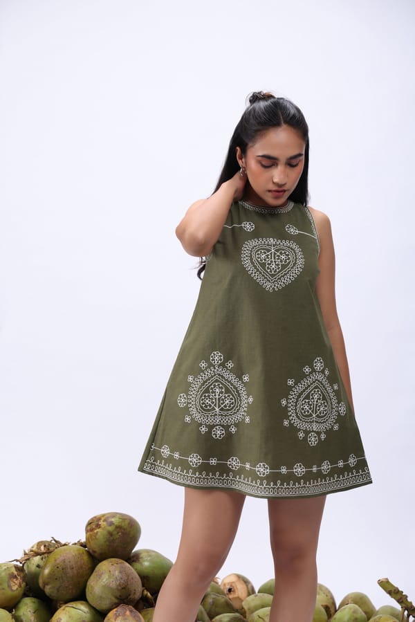 Olive Green Ari Embroidered A-Line Mini Dress — Label Ruiaan