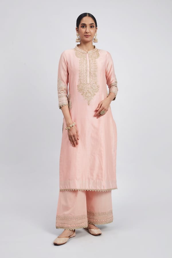Blush Pink Chanderi Silk Embroidered Straight Kurta Set — Sheetal Batra