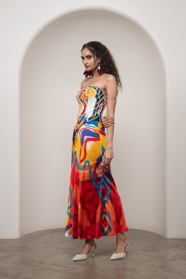 Multicolor Printed Satin Corset Top with Lace-Up Back — ADVAIT