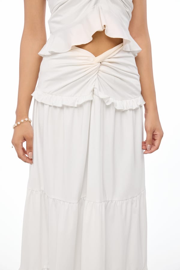White Ruched Tiered Maxi Skirt — The Clothing Factory