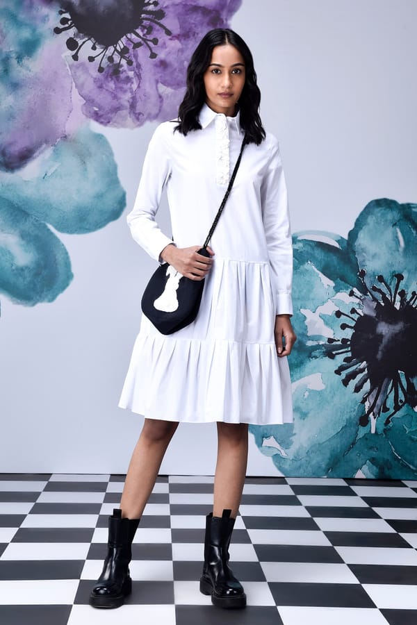 White Tiered Shirt Dress with Sequin Placket — Genes Lecoanet Hemant
