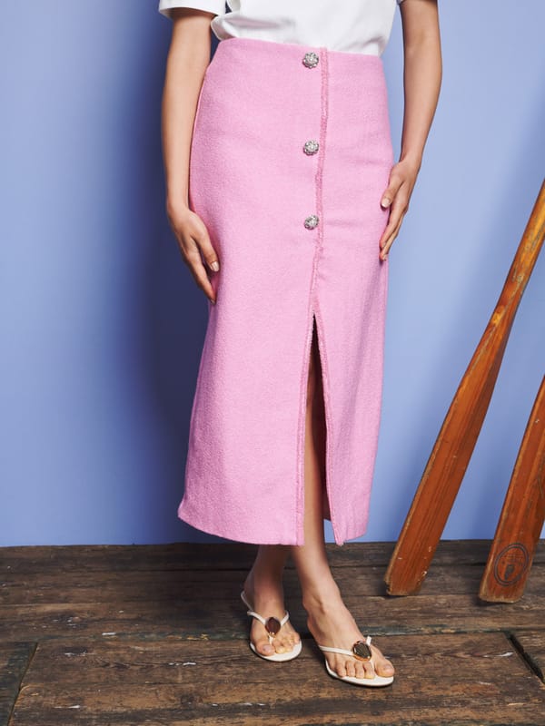Flamingo Pink Bouclé Pencil Midi Skirt with Front Slit — SISTER JANE