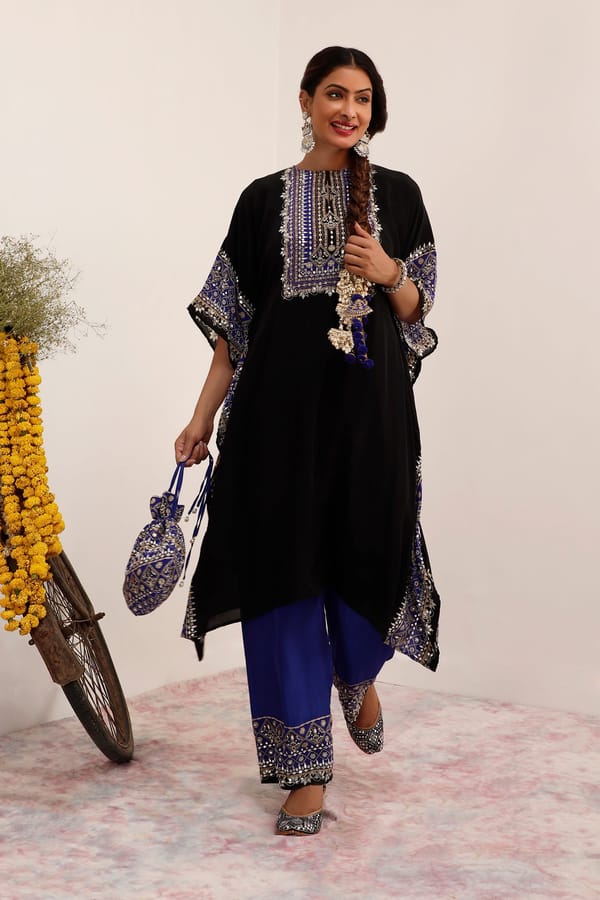 Black and Blue Colorblock Crepe Kaftan Kurta Set — Surkh Syahi