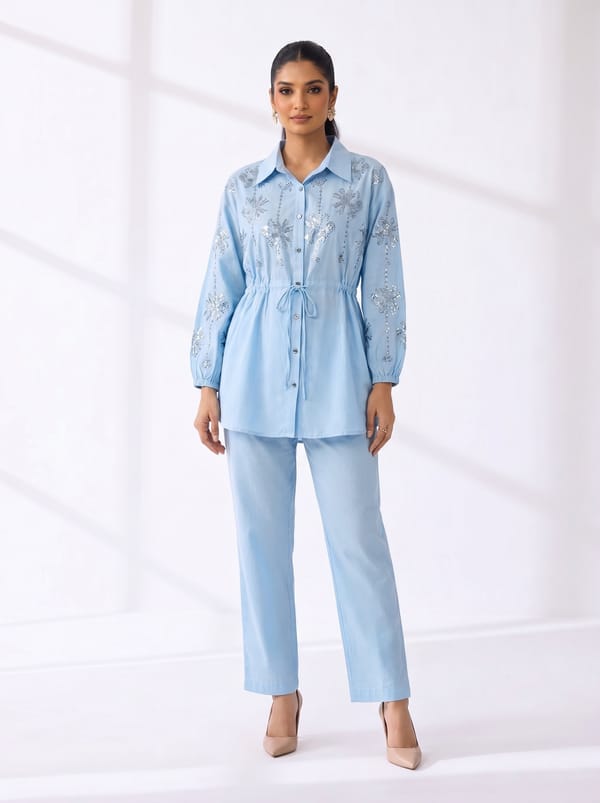 Blue Cotton Embellished Shirt and Pant Co-ord Set — THE LUXURY DRESSING
