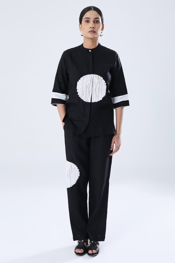 Black Hemp Co-ord Set with Dori Motif — SHIBUI