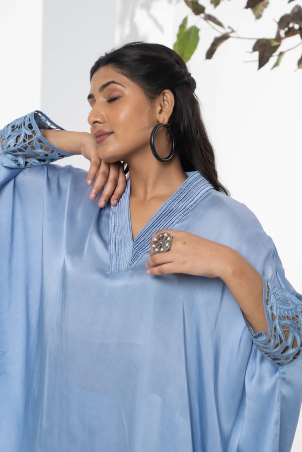 Light Blue Satin Kaftan Top and Straight Pants Co-ord Set — NEETIKA CHOPRA