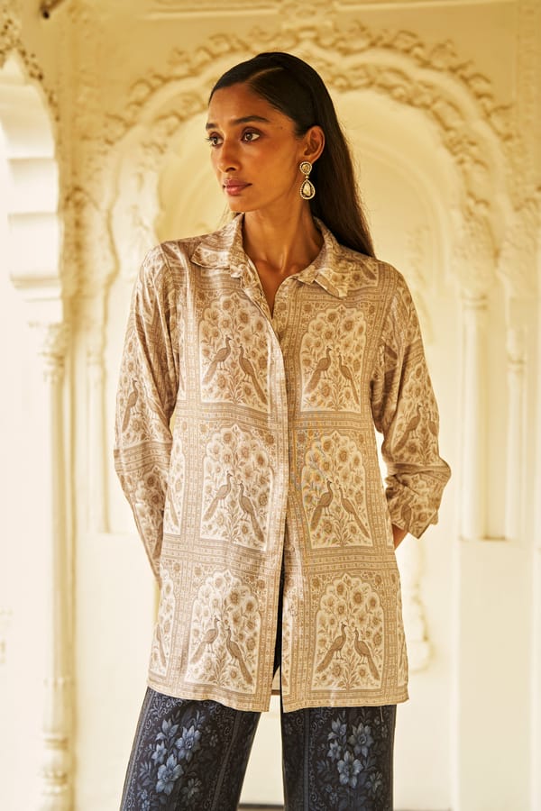 Beige Mughal Print Relaxed-Fit Button-Down Shirt — Dash and Dot