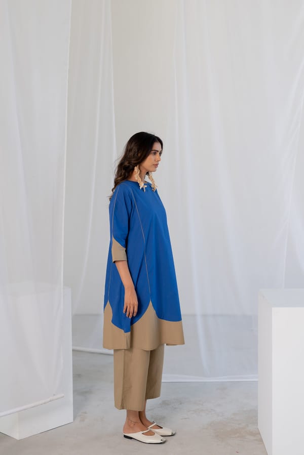 Blue and Beige Colorblocked Kurta Set with Pants — Silai studio