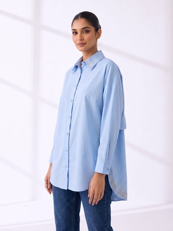Sky Blue Cotton Longline Shirt with Embellished Collar — THE LUXURY DRESSING