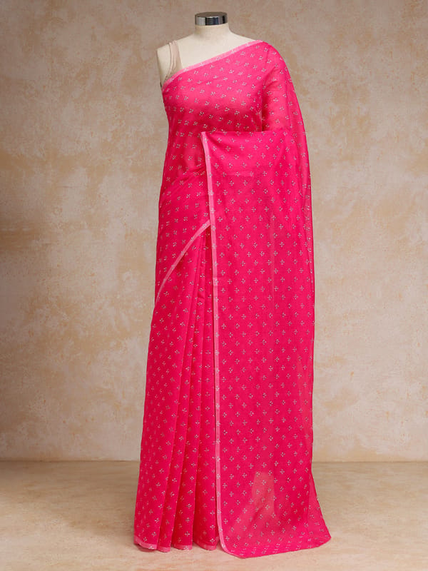 Bright Pink Cotton Saree White Butti Print Rozaana — BINKS