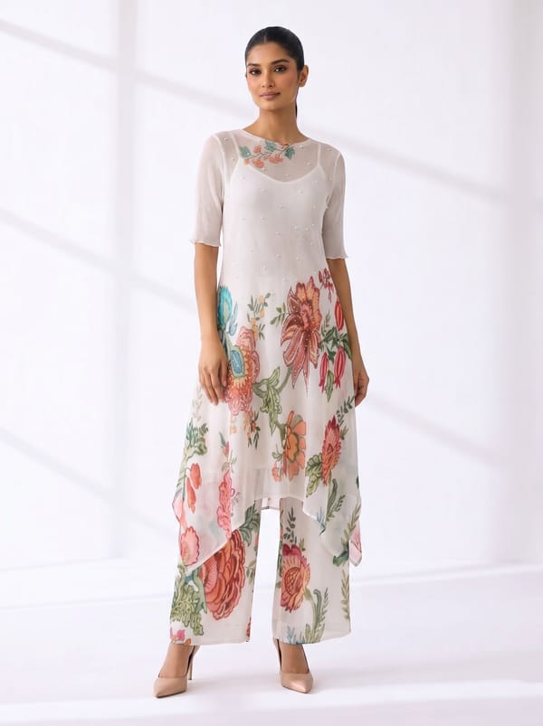 Ivory White Floral Printed Kurta Set with Slip — PREETI MEHTA
