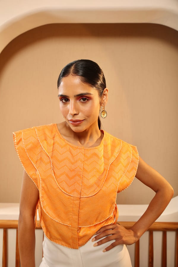 Orange/White Cropped Paneled Jacket with Side Tie-Ups — MANVI DAGA STUDIO