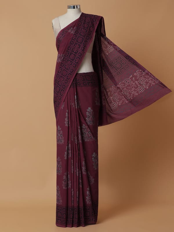Hand Block Printed Maroon Cotton Mulmul Rozaana — BINKS