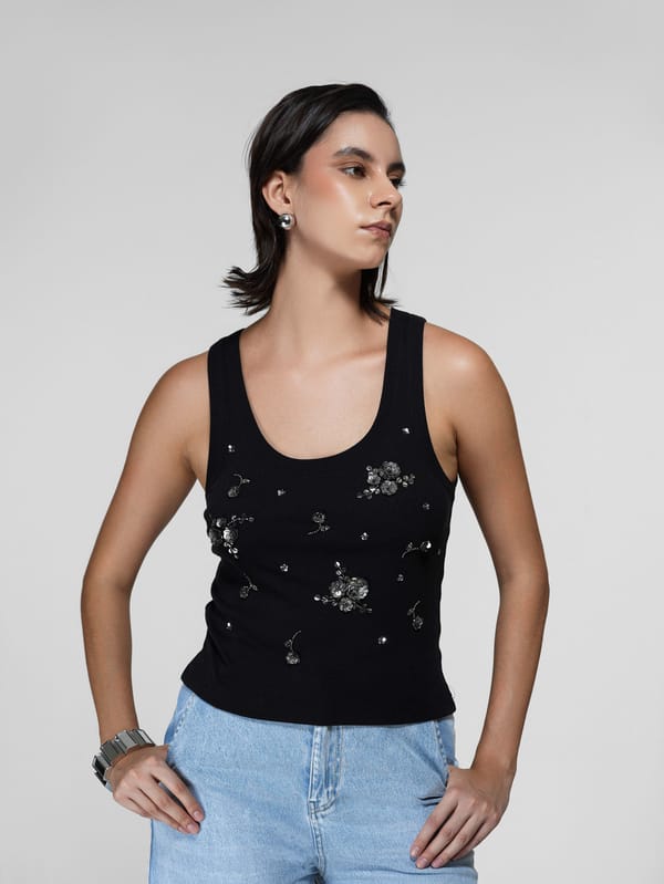Black Beaded Floral Tank Top — The Clothing Factory