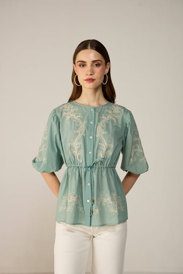 Nordic Teal Embroidered Cotton Blouse with Drawstring Waist — Calling June