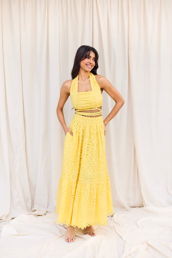 Yellow Schiffli Midi Skirt — Urban Suburban