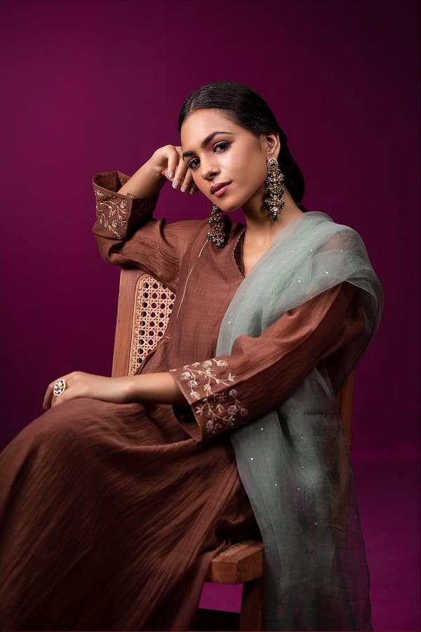 Brown Silk Chanderi Embroidered Kurta Set — Trendy Tokari