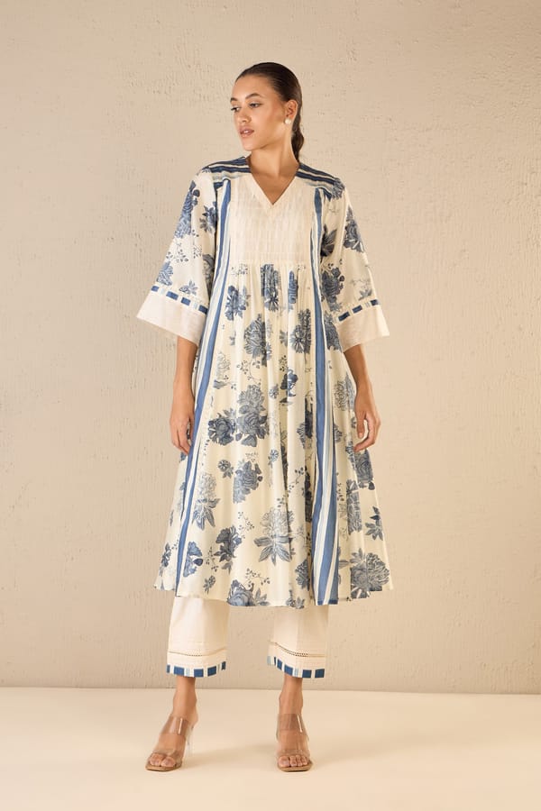 Floral Fantasy: Blue Floral & Stripe Anarkali — SHIVANI BHARGAVA
