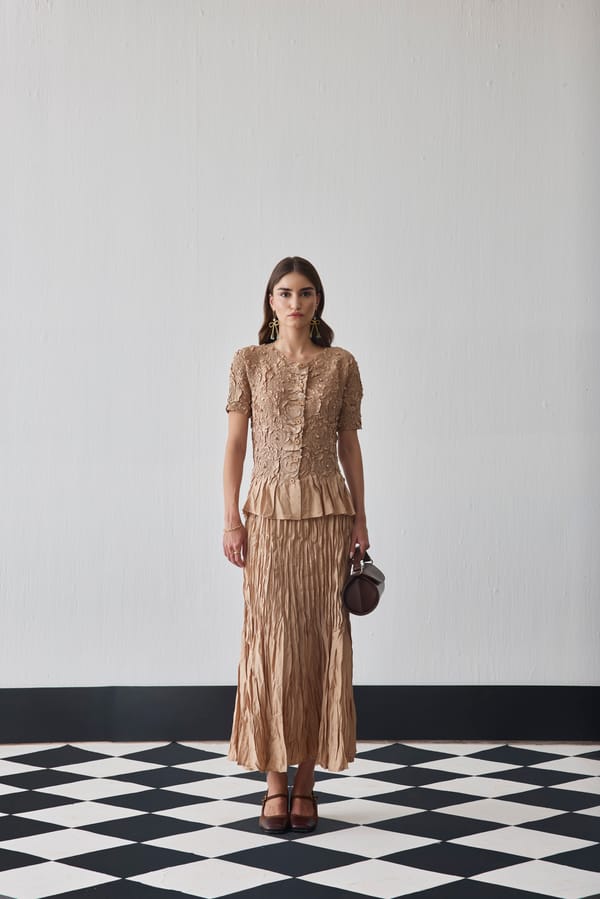 Beige 3D Appliqué Peplum Top and Maxi Skirt Co-ord Set — Pleats by Aruni
