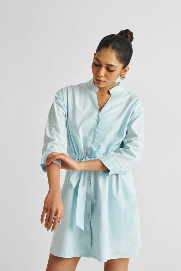 Summer Blue Organic Cotton Tie-Waist Mini Shirt Dress — REISTOR
