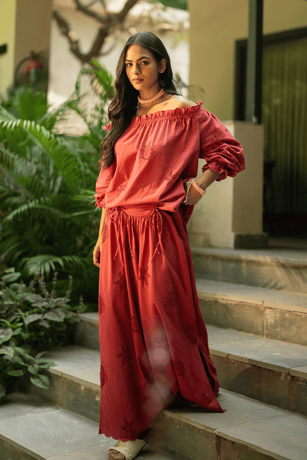 Rust Wide-Leg Cutwork Drawstring Trousers — BEACHBUM