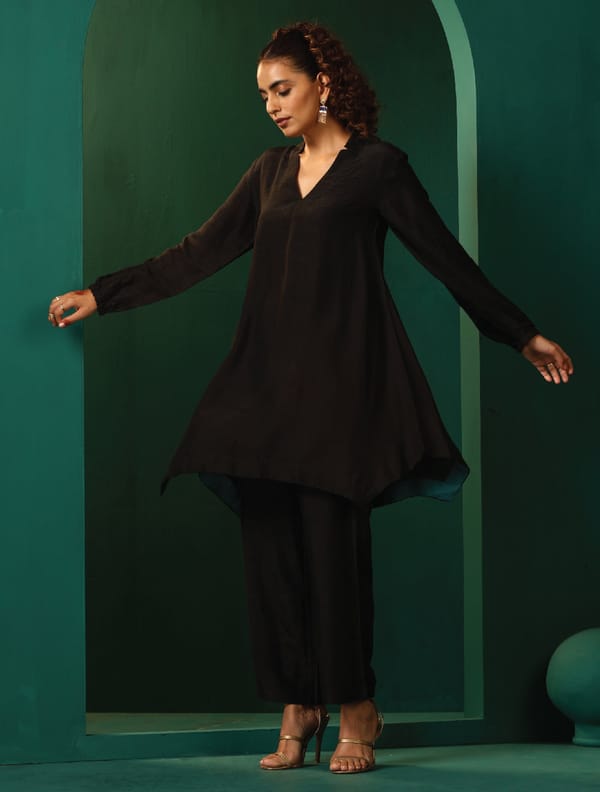 Black Silk-Blend V-Neck Co-ord Set with Wide-Leg Pants — Truebrowns
