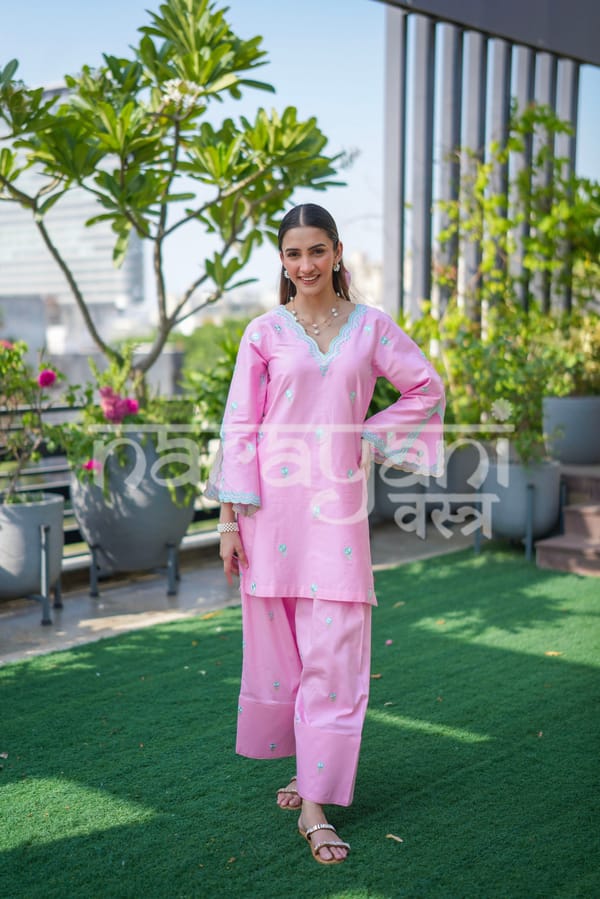 Pink Embroidered Cotton Kurta Set with Farshi Salwar — NARAYANI VASTRA