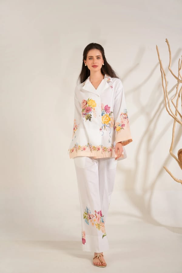 White Floral Shirt Tunic and Trouser Co-ord Set — Moh India