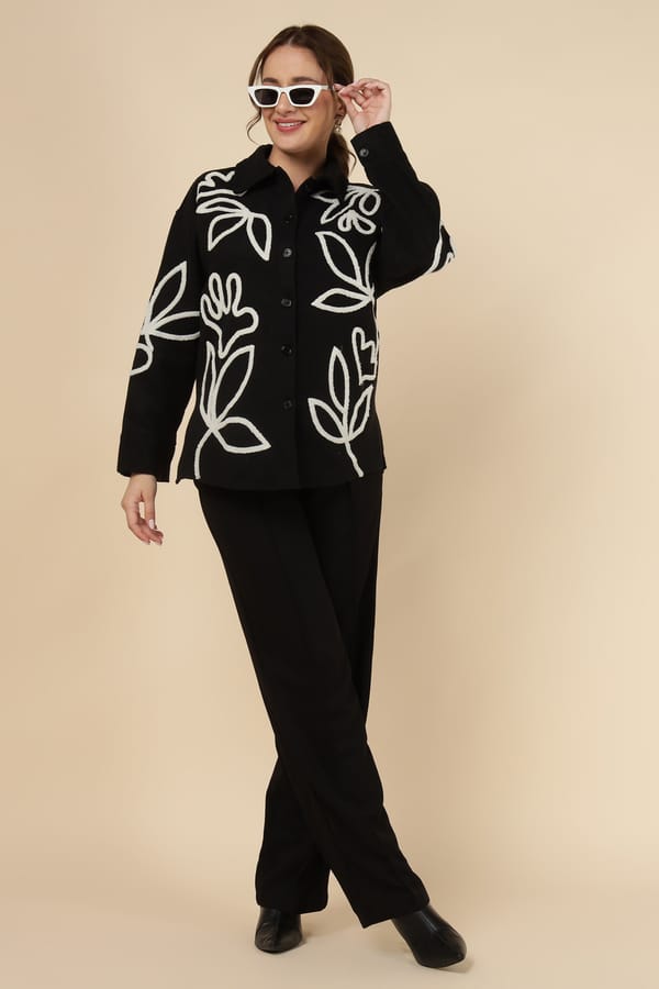 Black Floral Applique Overshirt Shirt — AYRISS