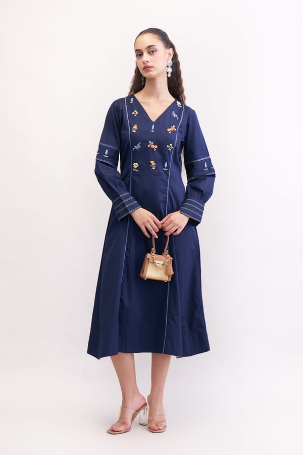 Navy Blue Embroidered Fit and Flare Midi Dress — Our Love