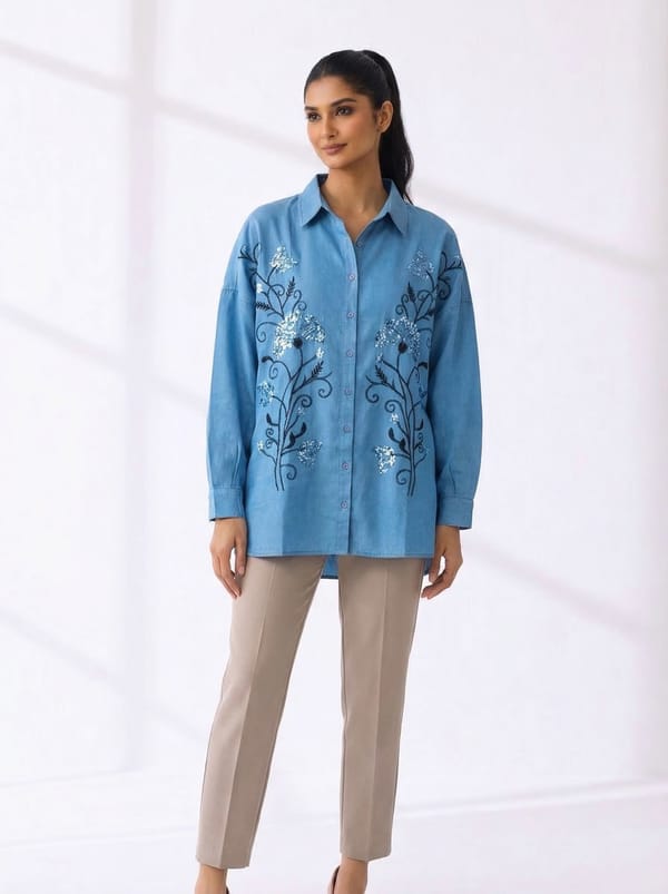 Blue Embroidered Longline Cotton Shirt — BURRASCA