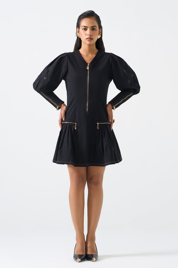 Black Fit and Flare Mini Dress with Front Zip — STITCH STORIES