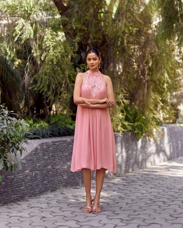 Pink Georgette Embroidered Bemberg Dress — EWOKE STUDIO