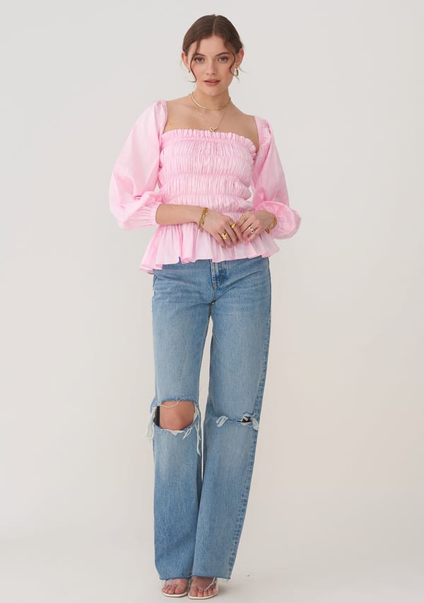 Pink Smocked Peplum Top with Detachable Sleeves — AMOSHI
