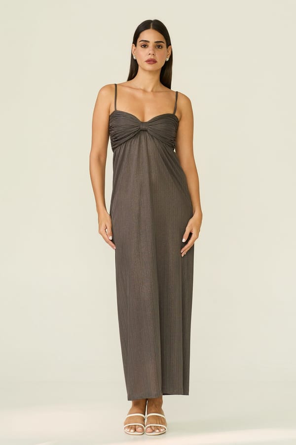 Metallic Bronze Shimmer Plisse Sweetheart Midi Dress — LABEL FROW