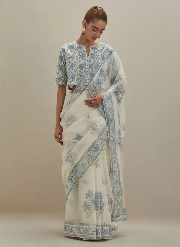 Off White Chanderi Saree Block Print — Upavita