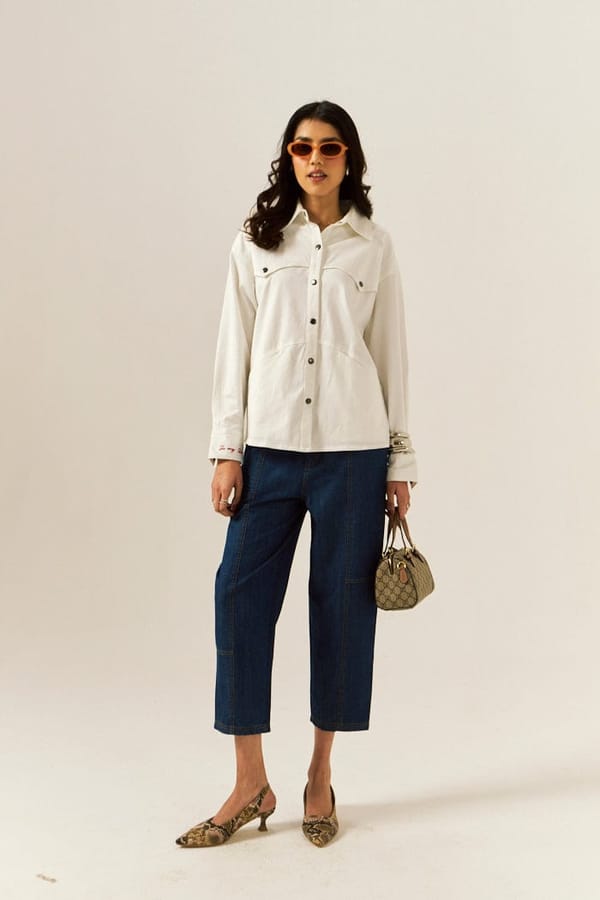 White Denim Snap-Button Utility Shirt — Spacelines