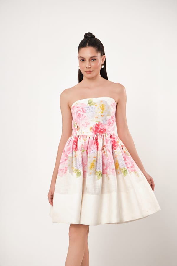 Apricot Floral Linen Strapless Fit and Flare Dress — Prink Tonic