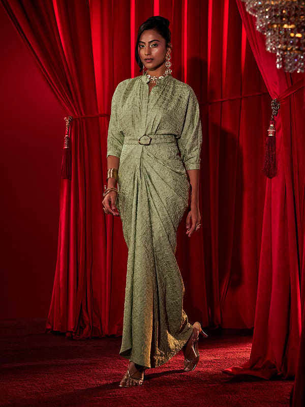 Green Textured Satin Ruched Maxi Gown with Belt — HOUSE OF FETT