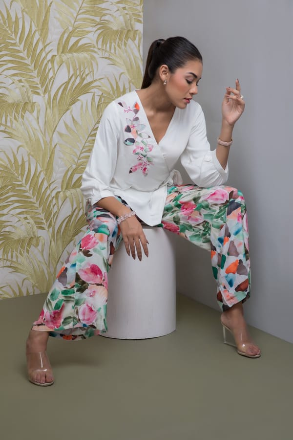 White Wrap Shirt and Floral Wide-Leg Pants Co-ord Set — Rhe-Ana