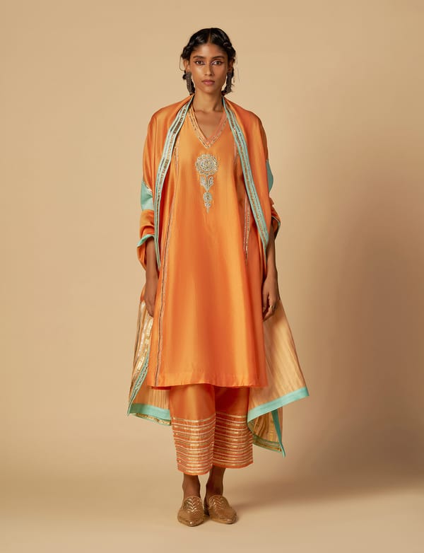 Orange Silk Chanderi Gota Detail Straight-Leg Trousers — Gulabo by Abu Sandeep