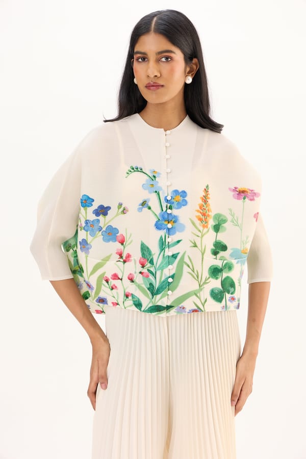 Ivory Pleated Floral Button-Front Boxy Top — Scarlet Sage