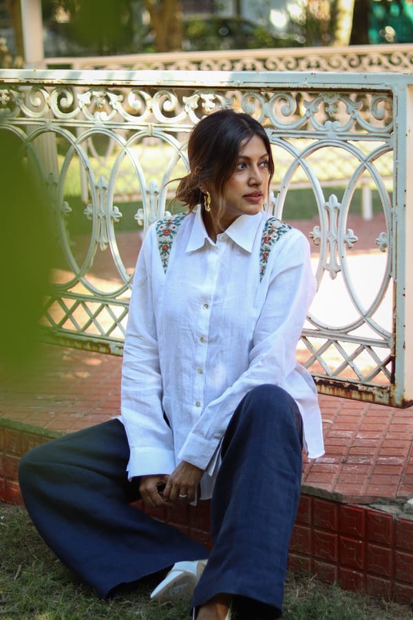 White Linen Shirt with Shoulder Embroidery — HEADSTRONG
