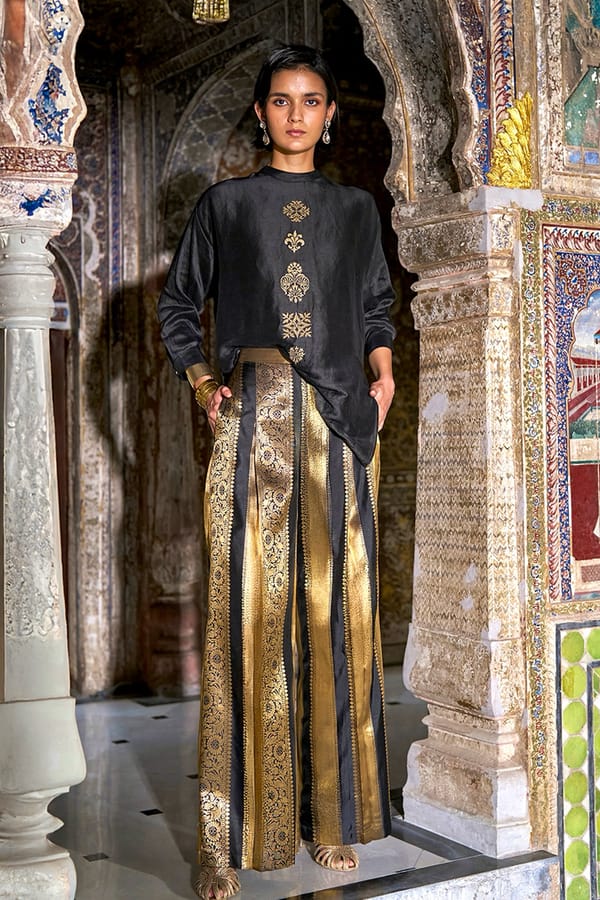 Black and Gold Embroidered Shirt and Brocade Pant Co-ord Set — Dash and Dot