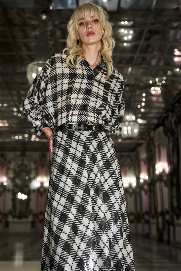 Monochrome Sequin Plaid Shirt and Handkerchief Hem Skirt Set — Dash and Dot