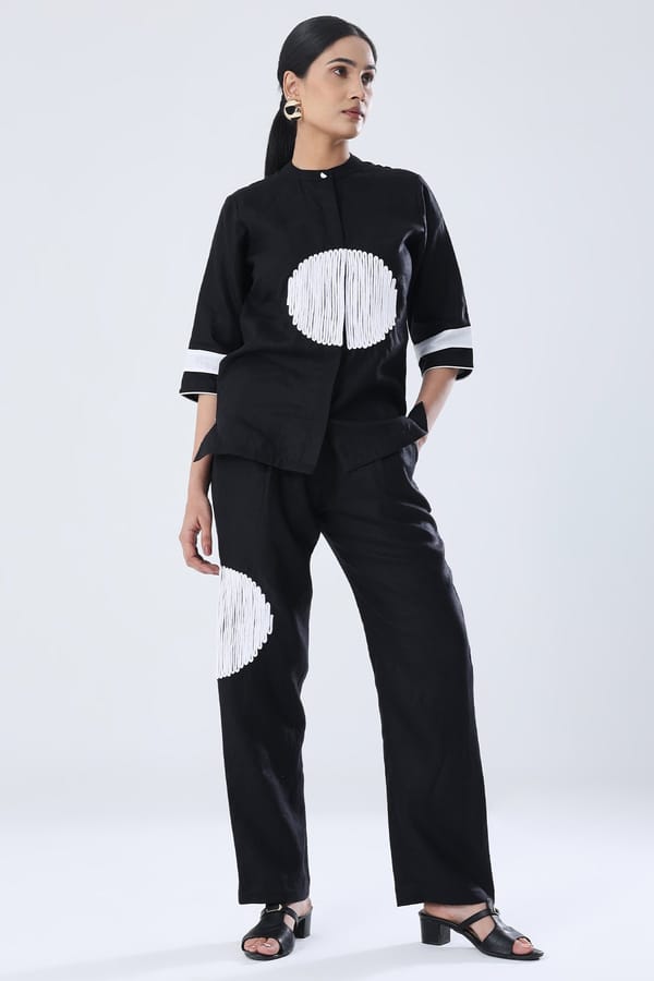 Black Hemp Straight-Leg Trousers with White Motif — SHIBUI