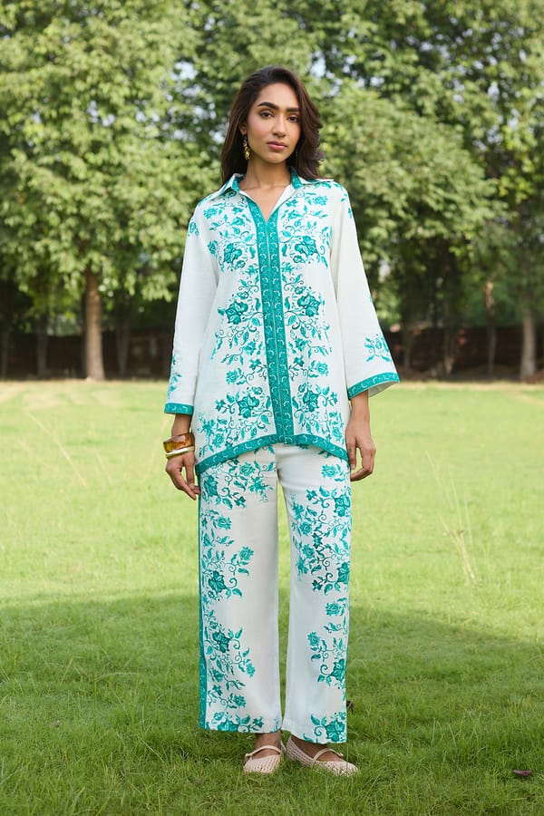 Cream and Aqua Floral Printed Tunic and Pant Co-ord Set — INCHING INDIA