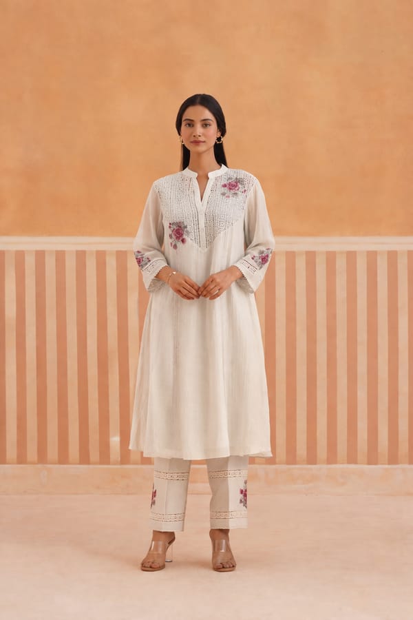 Mul Chanderi Kurta Set with V-Lace Yoke — Omi Clothing