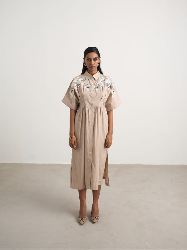 Beige Embroidered Button-Down Cotton Midi Shirt Dress — Naka Teki