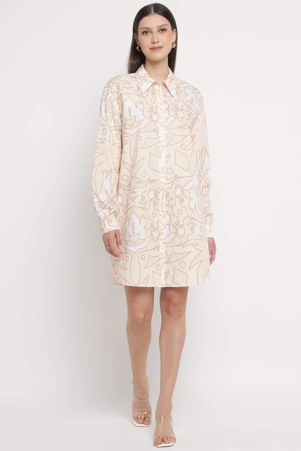 PALMA BEIG Printed Mini Shirt Dress with Button Front — SILVIAN HEACH
